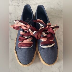 Women’s Navy Espadrille Sneakers with Burgundy Ribbon Laces Size 10 Like New